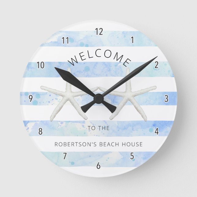 Starfish Beach Blue und White Modern Simple Strip Runde Wanduhr (Vorderseite)