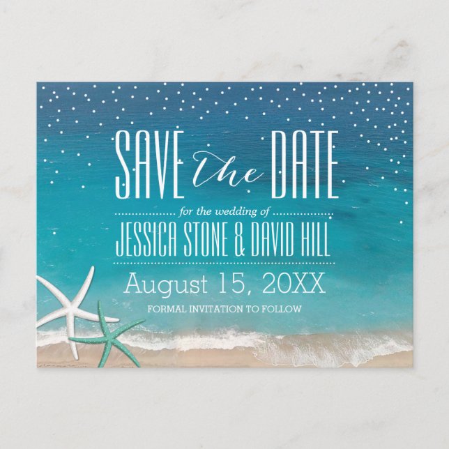 Starfish Beach Hochzeit Save the Date Ankündigungspostkarte (Vorderseite)