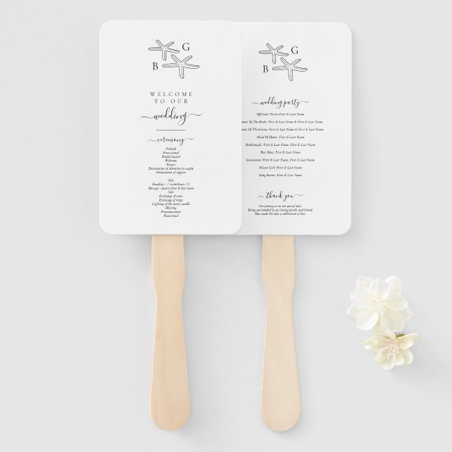 Starfish Beach Monogram Hochzeitsprogramm Fächer (Vorne und Hinten)