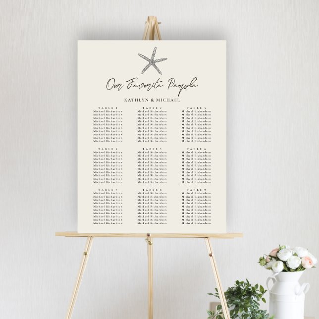 Starfish Beach Ocean Wedding 9 Table Seating Chart Poster (Von Creator hochgeladen)