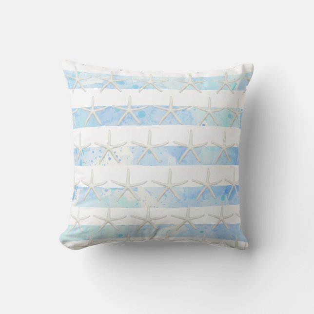 Starfish Beach Wasserfarbe Wash Streifen Blau n We Kissen (Vorderseite)