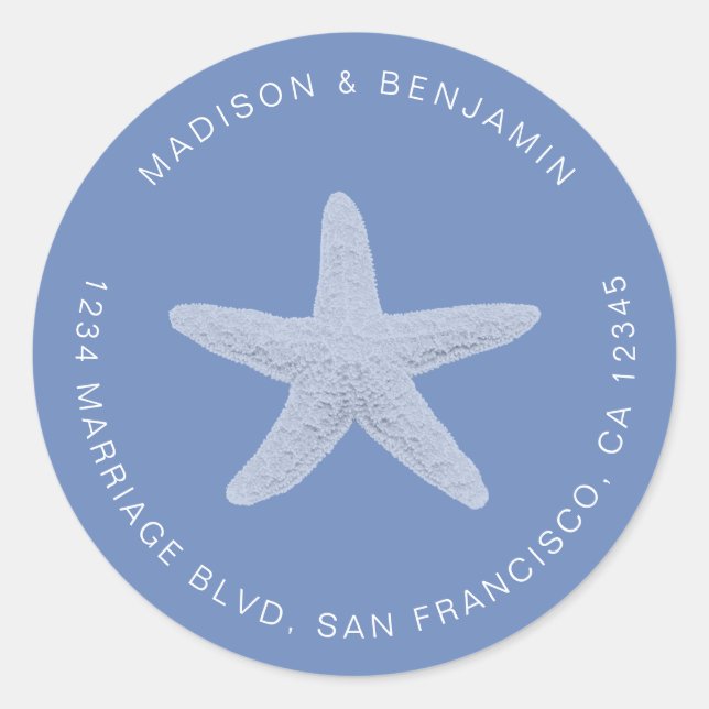 Starfish Beach Wedding Rücksendeadresse Blue Runder Aufkleber (Vorderseite)