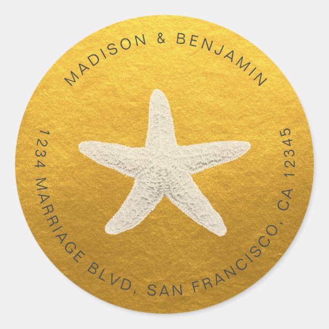 Starfish Beach Wedding Rücksendeadresse Classic Go Runder Aufkleber (Vorderseite)