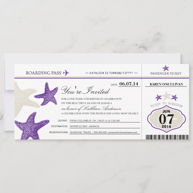 Starfish Boarding Pass Geburtstag Einladung (Vorderseite)