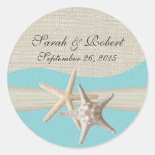 Starfish & Burlap Aqua Runder Aufkleber