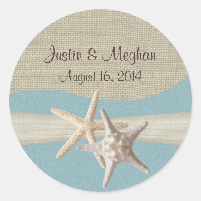 Starfish & Burlap Ocean Sky Blue Runder Aufkleber (Vorderseite)
