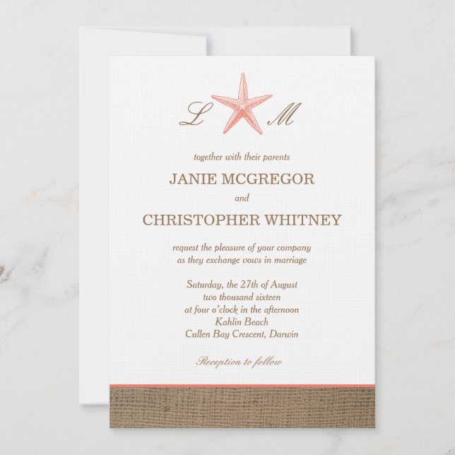 Starfish Burlap Rustic Beach Hochzeit Einladungen (Vorderseite)