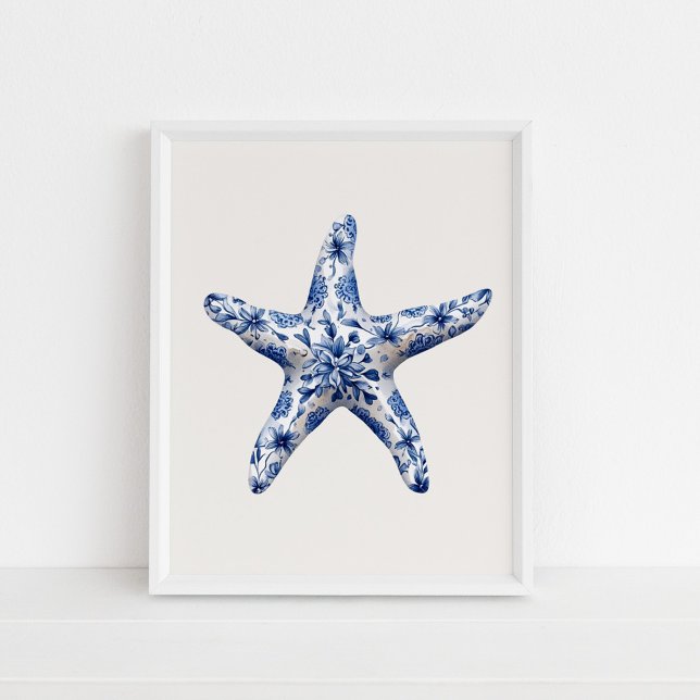 Starfish - Coastal Blue on Beige Wall Art Poster (Starfish – Coastal Blue on Beige Wall Art in a white frame on the floor)
