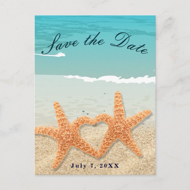 Starfish Couple am Strand Hochzeit Save the Date Ankündigungspostkarte (Vorderseite)
