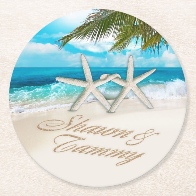 Starfish Couple FRAGTE, IHRE NAMEN IN SAND AUFZUBR Runder Pappuntersetzer (Vorderseite)