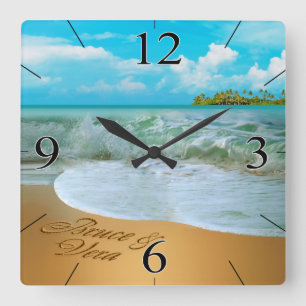 Starfish Couple FRAGTE MICH, NAMEN IN DEN SAND ZU  Quadratische Wanduhr