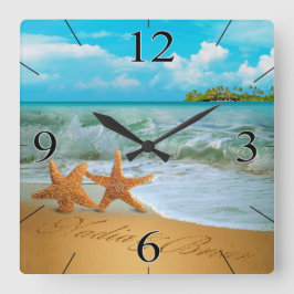 Starfish Couple FRAGTE MICH, NAMEN IN DEN SAND ZU  Quadratische Wanduhr