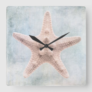 Starfish Distressed Coastal Blue Cream Watercolor Quadratische Wanduhr