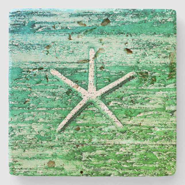 Starfish Driftwood Rustic Nautic Blue Green Steinuntersetzer (Vorderseite)