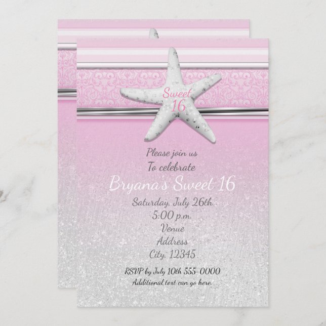 Starfish Elegant Beach Pink Sweet 16 Einladungen (Vorne/Hinten)