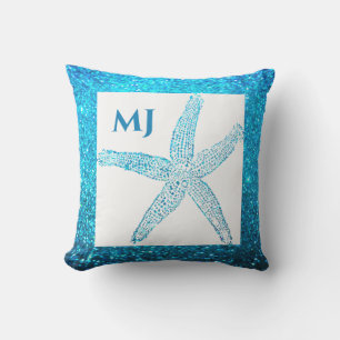 Starfish Glittery Aquamarin Blue Monogram Initials Kissen