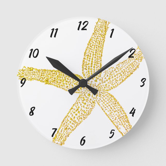 Starfish Gold Glitzern Yellow White Beach House Runde Wanduhr (Vorderseite)