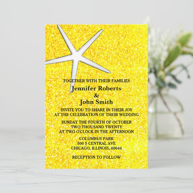 Starfish Gold Yellow Glitzer Beach Royal Wedding Einladung (Stehend Vorderseite)