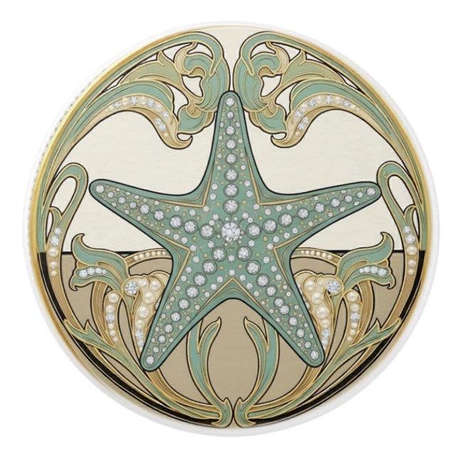 Starfish Green Cream & Gold Art Deco Nouveau Keramikknauf (Vorderseite)