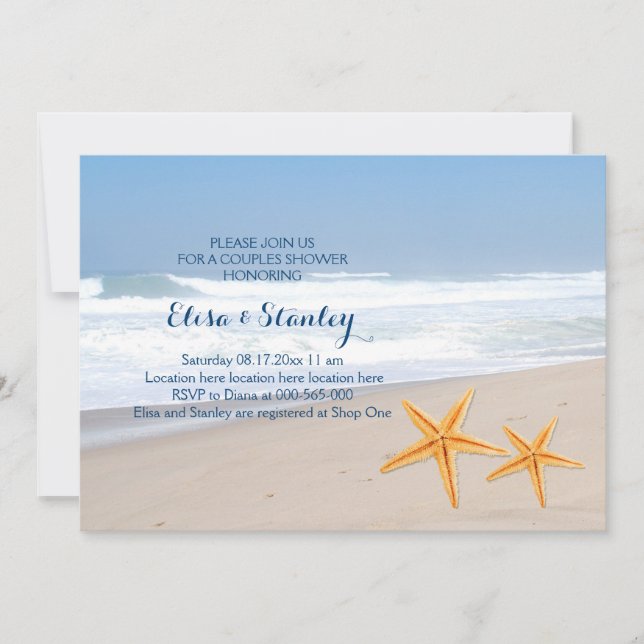 Starfish Hochzeitspaare am Strand Dusche Einladung (Vorderseite)