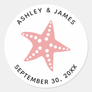 Starfish Hochzeitsticker, Beach Theme Tag, Rosa Runder Aufkleber