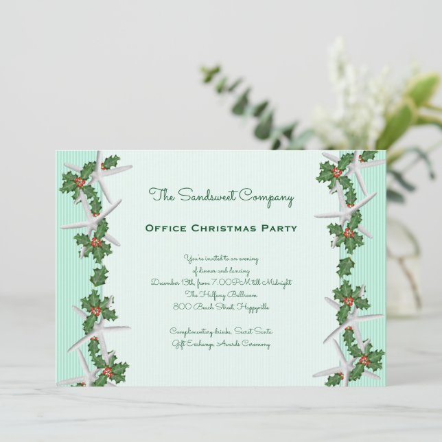 Starfish in Holly Borders Office Christmas Party Einladung (Stehend Vorderseite)