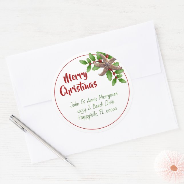 Starfish in Holly Green Beach Weihnachtsmarken Runder Aufkleber (Umschlag)
