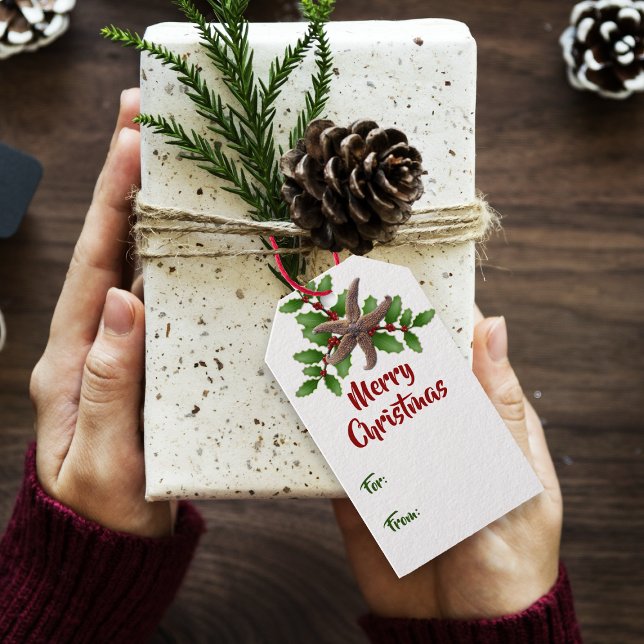 Starfish in Holly Merry Weihnachtsgeschenktags Geschenkanhänger (Von Creator hochgeladen)