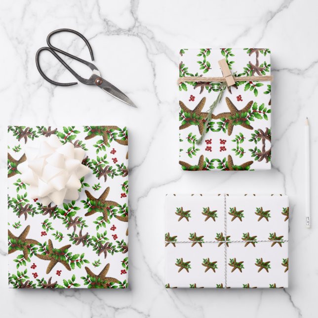 Starfish in Holly Tropical Christmas Pattern White Geschenkpapier Set (Vorderseite)
