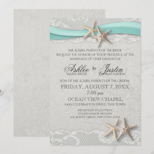Starfish Lace Gray and Aqua Wedding Einladung (Vorne/Hinten)