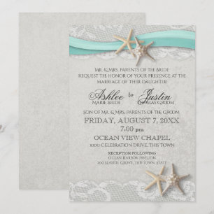Starfish Lace Gray and Aqua Wedding Einladung