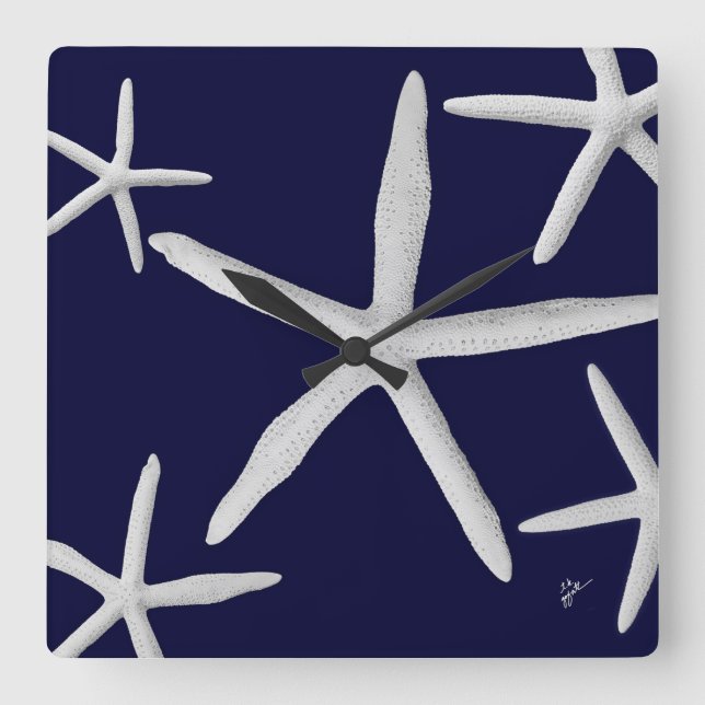 Starfish Meereswelt Navy Blue Tropical Beach Quadratische Wanduhr (Vorderseite)