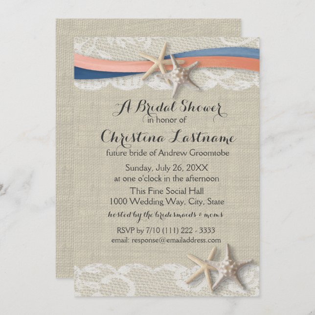 Starfish mit Brautparty Navy und Korallenband Einladung (Vorne/Hinten)