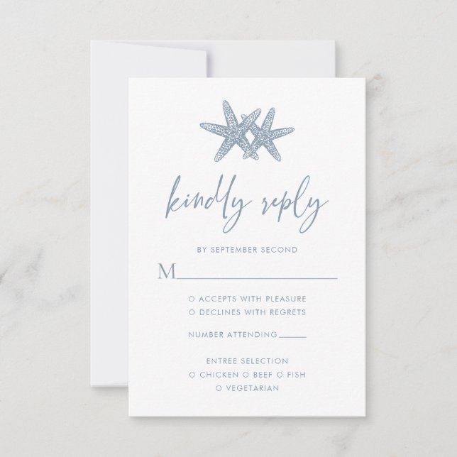 Starfish Modern Dusty Blue Beach Hochzeit RSVP Karte (Vorderseite)