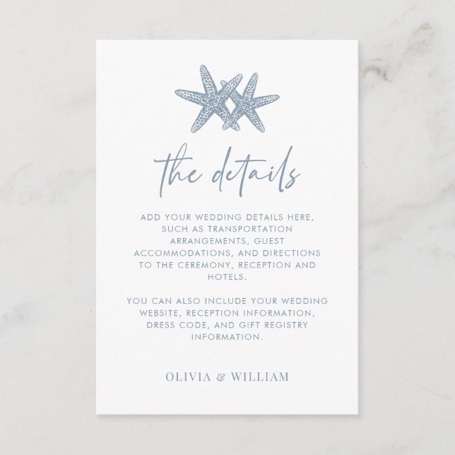 Starfish Modern Dusty Blue Beach Hochzeitdetails Begleitkarte (Vorderseite)