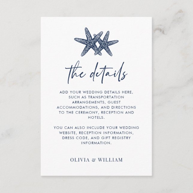 Starfish Modern Navy Blue Beach Hochzeitdetails Begleitkarte (Vorderseite)