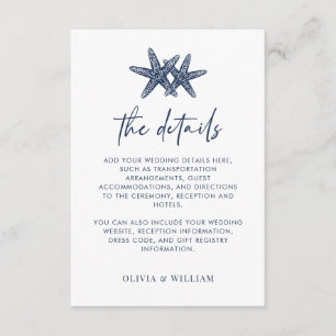 Starfish Modern Navy Blue Beach Hochzeitdetails Begleitkarte