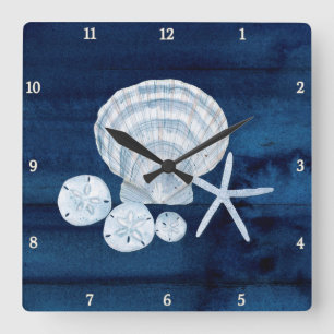Starfish Muscheln Beach Sand Dollar Blue in Weiß Quadratische Wanduhr