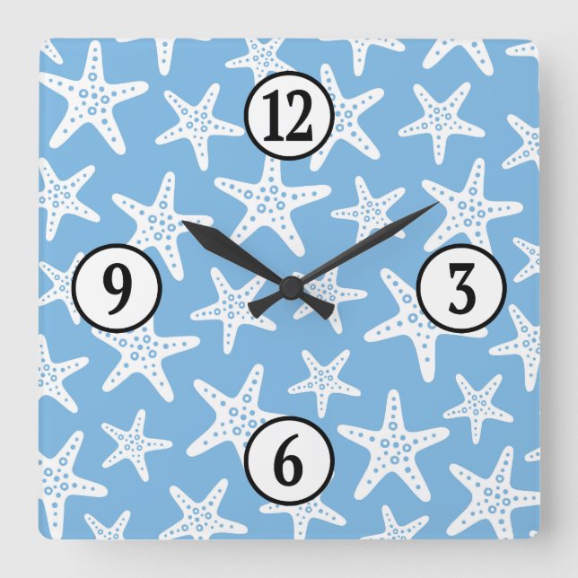 Starfish Muster Blau Quadratische Wanduhr (Vorderseite)