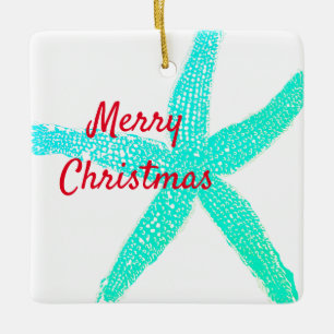Starfish Muster Green Blue Red Frohe Weihnachten Keramikornament