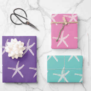 Starfish Muster Lila Pink Aquamarin Blue Nautic Geschenkpapier Set