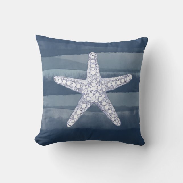 Starfish Navy Blue White Throw Kissen (Vorderseite)