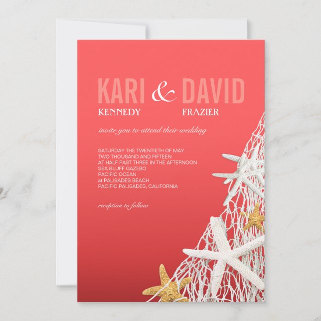 Starfish Netting Beach Hochzeit| Korallen Einladung (Vorderseite)