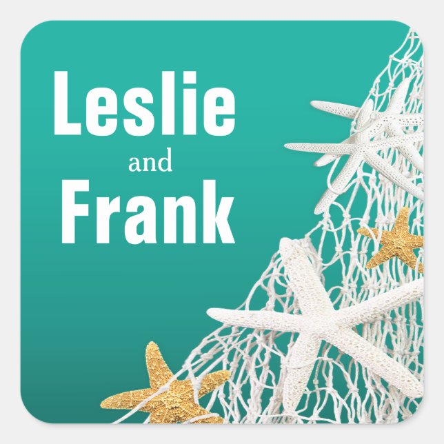 Starfish Netting Beach Wedding Gefallen | Aqua Quadratischer Aufkleber (Vorderseite)