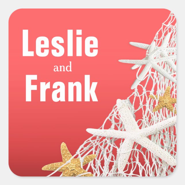 Starfish Netting Beach Wedding Gefallen | Korallen Quadratischer Aufkleber (Vorderseite)