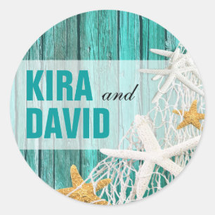 Starfish Netting Beach Wood Bevorzugung   Aqua Runder Aufkleber
