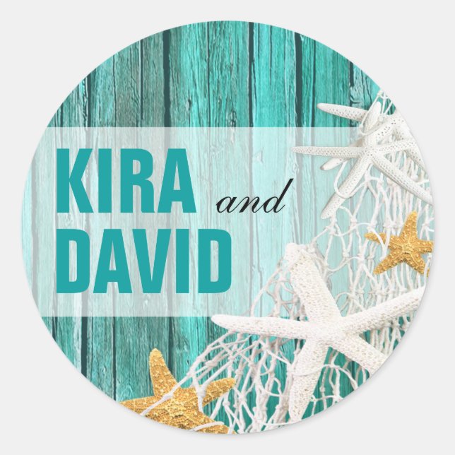Starfish Netting Beach Wood Bevorzugung | Aqua Runder Aufkleber (Vorderseite)