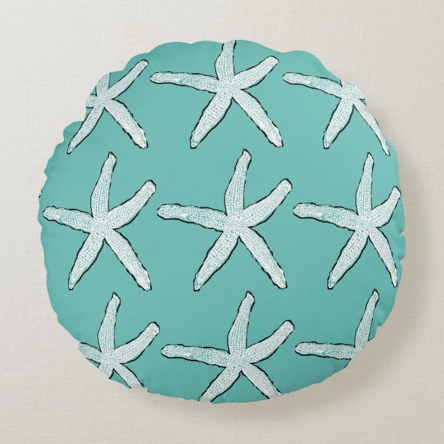 Starfish Pattern Beach Coastal Aquamarin Blue Chri Rundes Kissen (Vorderseite)