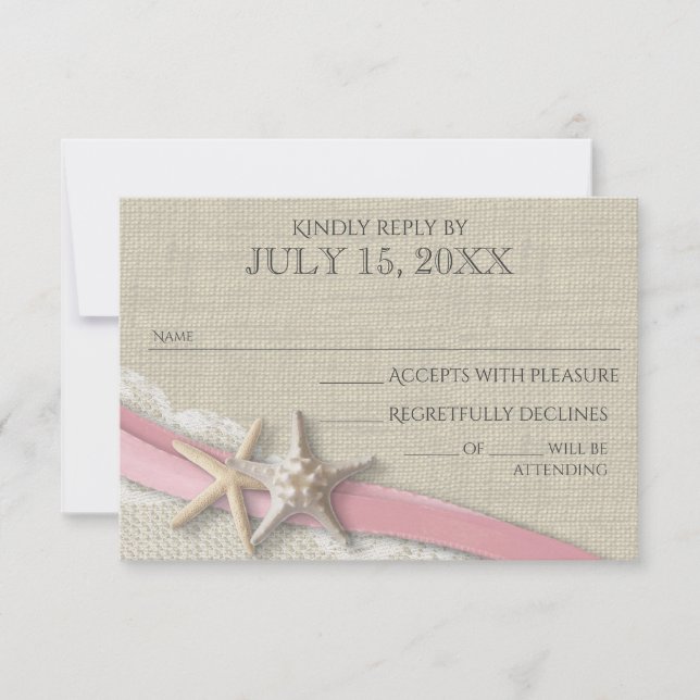 Starfish Pink Ribbon and Lace Rusticcard RSVP Karte (Vorderseite)