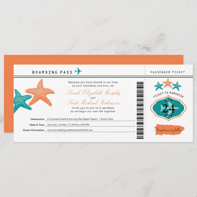 Starfish Puerto Rico Boarding Pass Hochzeit Einladung (Vorne/Hinten)